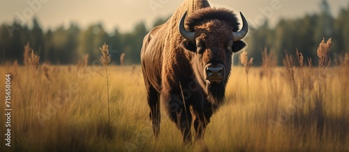 bison animal walking on the prairie photo