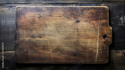 An old wooden cutting board with a used, worn texture on a striped wood table.