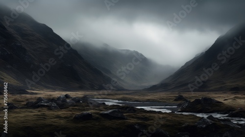 Gloomy foggy mountain landscape. Neural network AI generated art