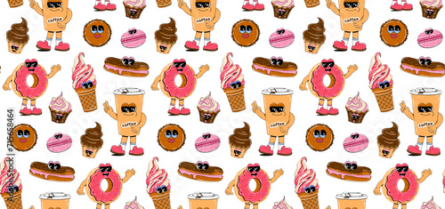 Seamless pattern with trendy retro cartoon sweet fast food characters. Modern cartoon style. Background with colorful Mascots for bar, restaurant menu.