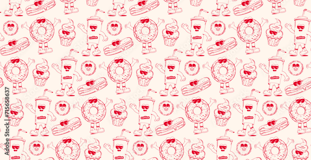 Seamless pattern with trendy retro cartoon sweet fast food characters in linear style. Modern cartoon style. Background with mascots for bar, restaurant menu. Seamless pattern with trendy retro cartoon sweet fast food characters in linear style. Modern cartoon style. Background with mascots for bar, restaurant menu.