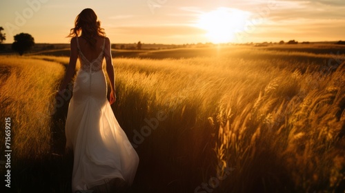 Woman in an elegant white dress in a field at sunset. Neural network AI generated art photo