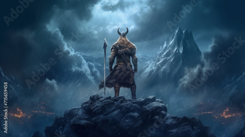 Guerrier viking debout au sommet d'une montagne sous la tempête. Inspiration scandinave dramatique.