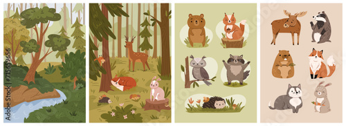 Cute forest animals dear and fox, raccoon and beaver, owl and rabbit, hedgehog and bear, squirrel and fox, cute rodent badger in flat cartoon wild green trees and grass, childish illustration