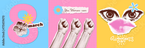 Halftone Collage banners set for International Women's day decoration. Trendy postcards with paper torn out flower, hands, eye and mouth stickers. y2k pop art greeting Card of fight for women's rights