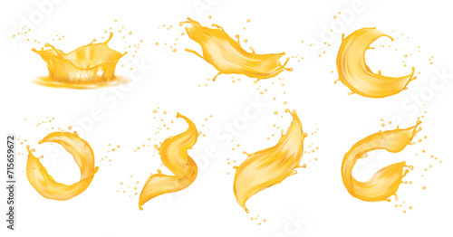 Splash of juice or yellow water isolated realistic juice splashes. Vector set of liquid waves of falling and flowing beer, orange, mango or lemon juice, oil, soda or honey. Juicy drops