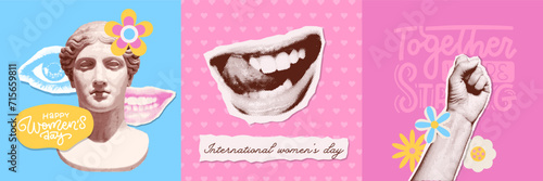 Banners set for March 8th in retro collage style. Antique greek woman statue, female lips and raised fist with halftone effect. International women's day concept. Vector mixed media illustration.