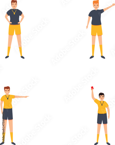 Soccer referee icons set cartoon vector. Football referee in action. Competition, sport