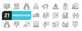Set of line icons related to presentation, meeting, conference, seminar. Outline icons collection. Editable stroke. Vector illustration.