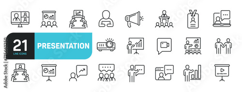 Set of line icons related to presentation, meeting, conference, seminar. Outline icons collection. Editable stroke. Vector illustration.