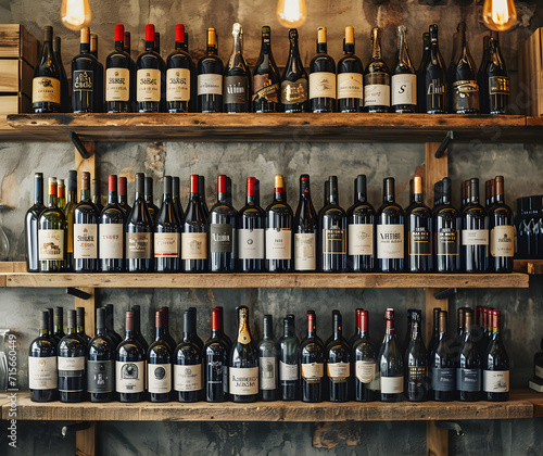 Soft-focus wine shop wall with bottles on shelf, creating a classy and elegant atmosphere for retail or interior design purposes. photo