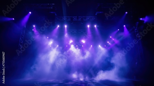 Stage Light with Blue Cyan Purple Spotlights and Smoke. Concert and Theatre Dark Scene 