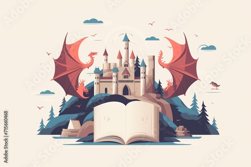 Illustration of a medieval castle with dragons coming out of the book. Fantasy book background, copy space photo