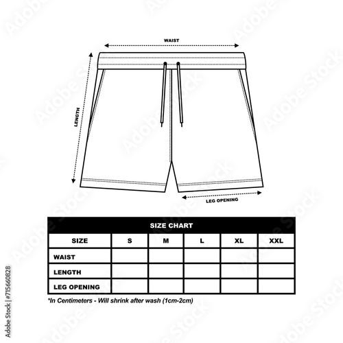 Short Pants Size Chart, sweat Shorts fashion flat template, Sportswear unisex chart size