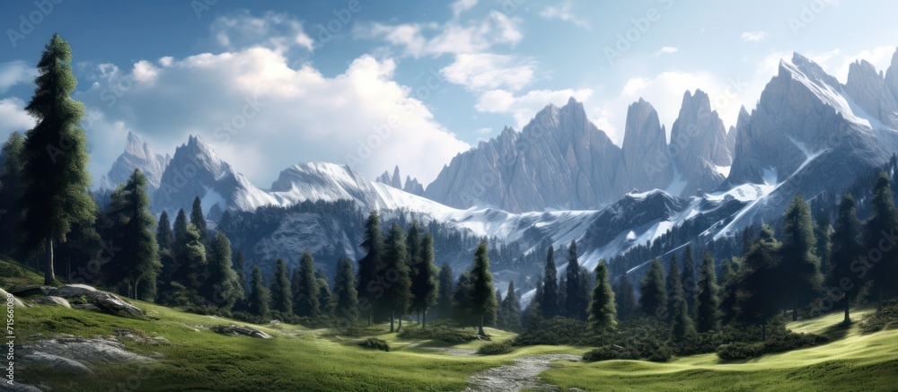 panorama of icy mountains and pine tree forests
