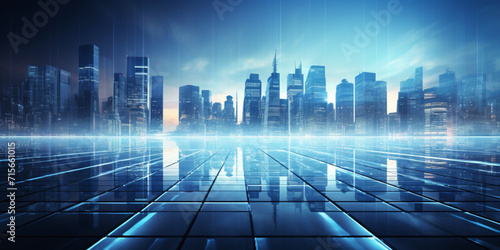 A digital city with a blue light and a cityscape in the background,Futuristic Digital Cityscape with Blue Light Illumination