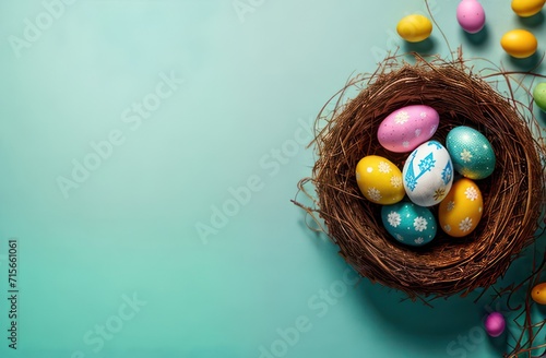 On the Easter banner, top right view of a nest with colorful eggs. Concept Easter, holiday, online store
