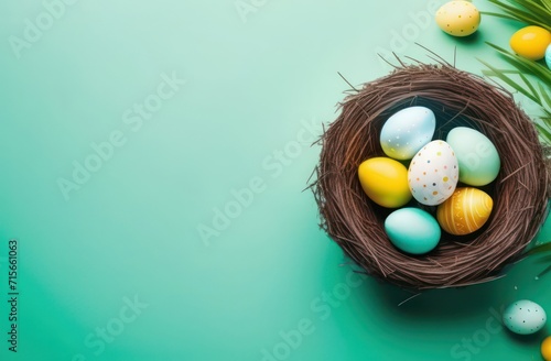On a pastel turquoise background, top right view of a nest with multi-colored eggs. Concept Easter, holiday, online store