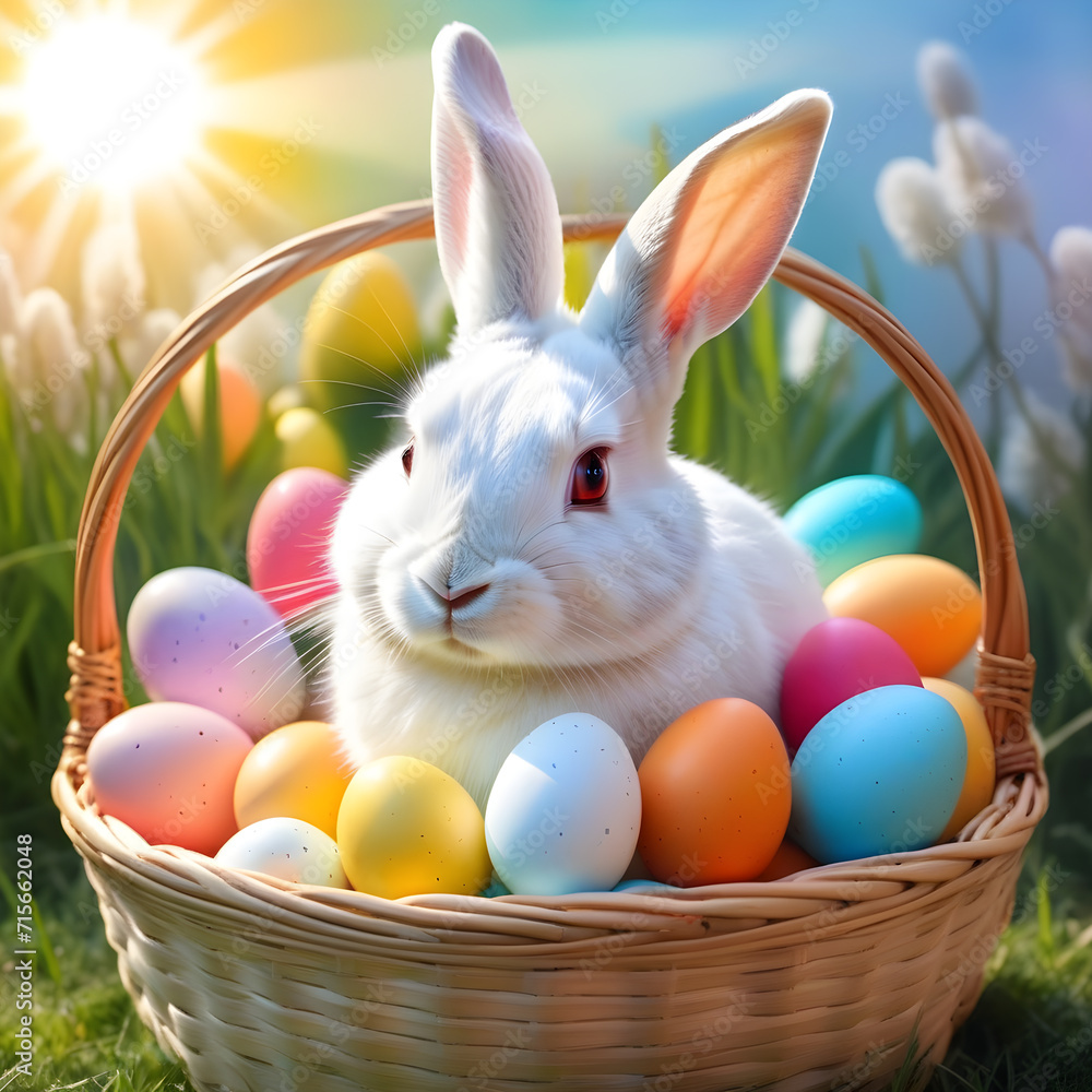 Easter bunny and Easter eggs on green grass field spring meadow Easter bunny and Easter eggs on green grass field spring meadow