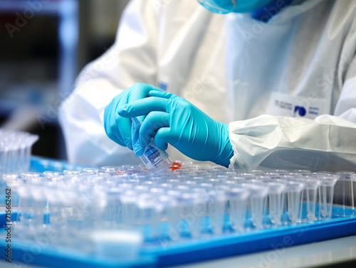 A geneticist examining the results of a DNA sequencing gel during a scientific analysis. photo