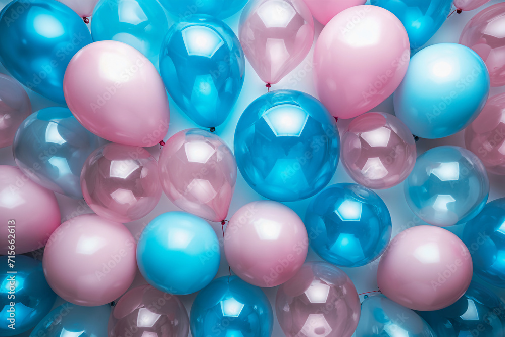 Top view of colorful balloons in pink, blue and transparent versions. Concept of celebration, happiness, festive moments, baby shower and gender reveal parties. 