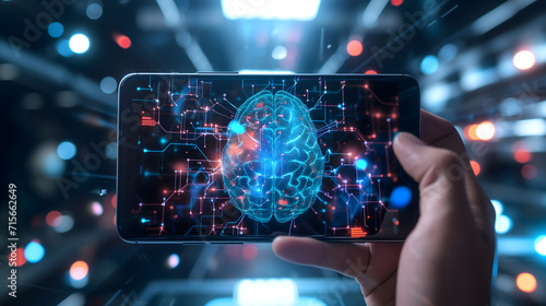 a smartphone displaying a striking and imaginative illustration of artificial intelligence (AI). The AI illustration on the screen is a digital brain