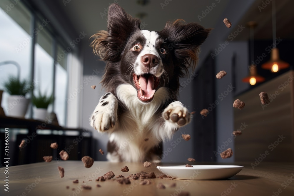 A happy border collie dog with scattered pellets of dry food.