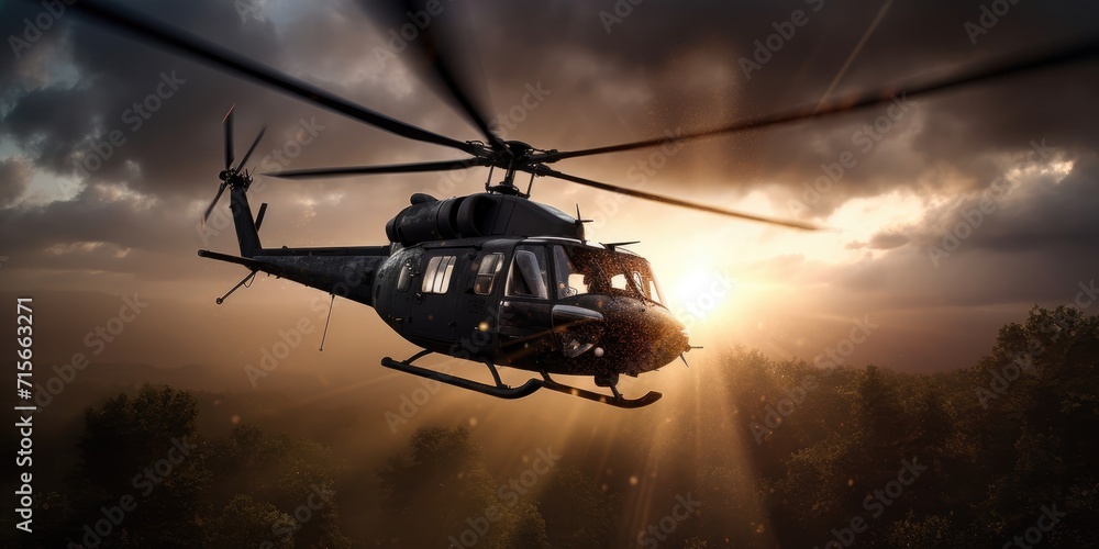 A helicopter flies in the sky. Generative AI. View of a flying helicopter. Beautiful sky. Helicopter high in the sky illuminated by the rays of the sun A helicopter flies in the sky. Generative AI. View of a flying helicopter. Beautiful sky. Helicopter high in the sky illuminated by the rays of the sun