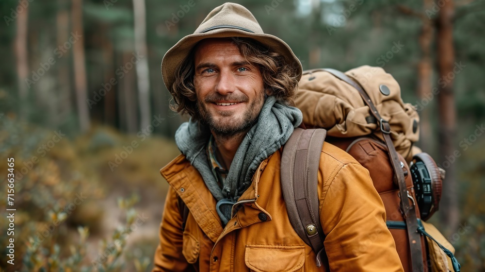 Young Asian man with a backpack and hat hiking in the mountains during the summer season, a traveler walking in the forest. Travel, adventure, and journey concept.