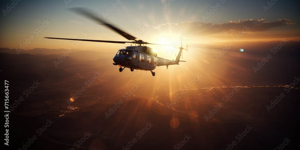 A helicopter flies in the sky. Generative AI. View of a flying helicopter. Beautiful sky. Helicopter high in the sky illuminated by the rays of the sun A helicopter flies in the sky. Generative AI. View of a flying helicopter. Beautiful sky. Helicopter high in the sky illuminated by the rays of the sun