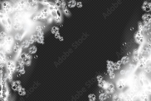 Bubbly soapy water with bubbles and suds, realistic illustration. Soap or shampoo, cosmetics or shower gel water. Cleaning and washing texture of liquid with froth and drops design