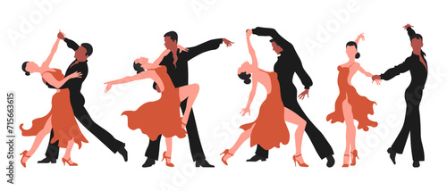 Dancing couples, clipart set. A man and a woman dance the tango. Illustration, vector