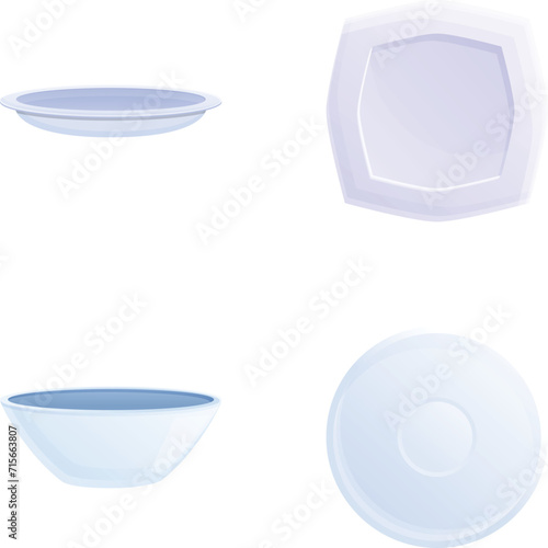 White plate icons set cartoon vector. Porcelain plate of of various shape. Kitchen porcelain dishware