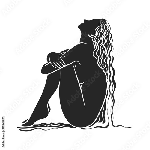 Silhouette of a naked woman with long hair on a white background, mystical poster. Wall art, wall decor. Vector