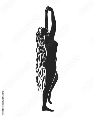 Silhouette of a naked woman with long hair on a white background, mystical poster. Wall art, wall decor. Vector