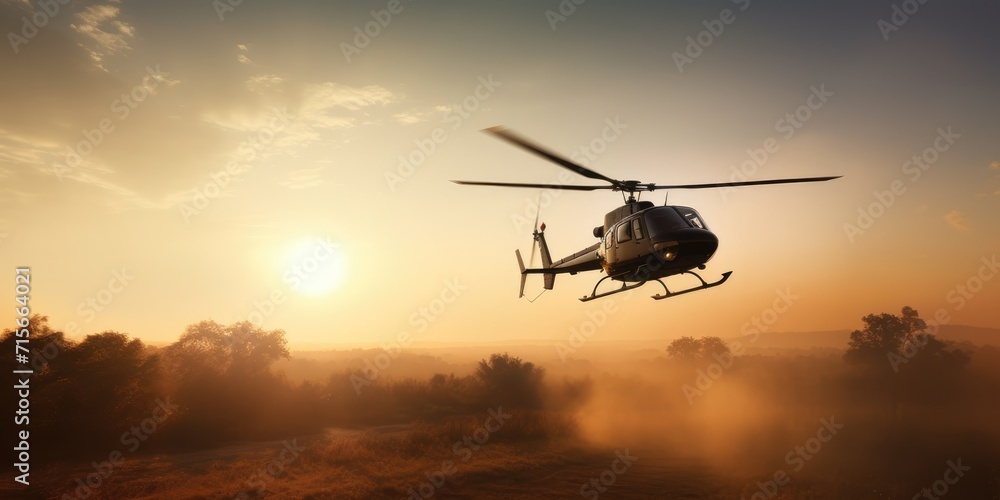 A helicopter flies in the sky. Generative AI. View of a flying helicopter. Beautiful sky. Helicopter high in the sky illuminated by the rays of the sun A helicopter flies in the sky. Generative AI. View of a flying helicopter. Beautiful sky. Helicopter high in the sky illuminated by the rays of the sun