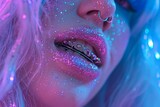 closeup of a female mouth with braces for teeth, pink color palette, glitter style, 80s iaesthetics inspration mood, contemporary concept