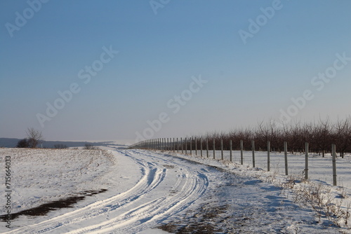 A snowy road with a fence and a snowy field and a fence