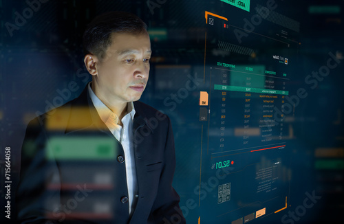 Businessman in front of modern digital virtual touch screen analysing on investment risk management and return on investment analysis or business performance.