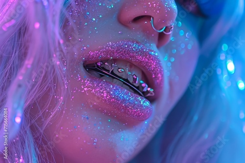 closeup of a female mouth with braces for teeth, pink color palette, glitter style, 80s iaesthetics inspration mood, contemporary concept photo