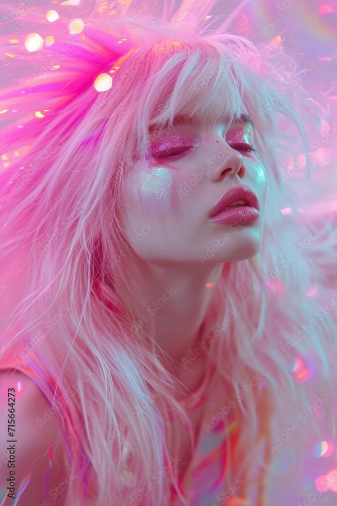 sparkle and shiny portrait of a pink blonded girl, 80s aesthetic, disco mood posing on camera