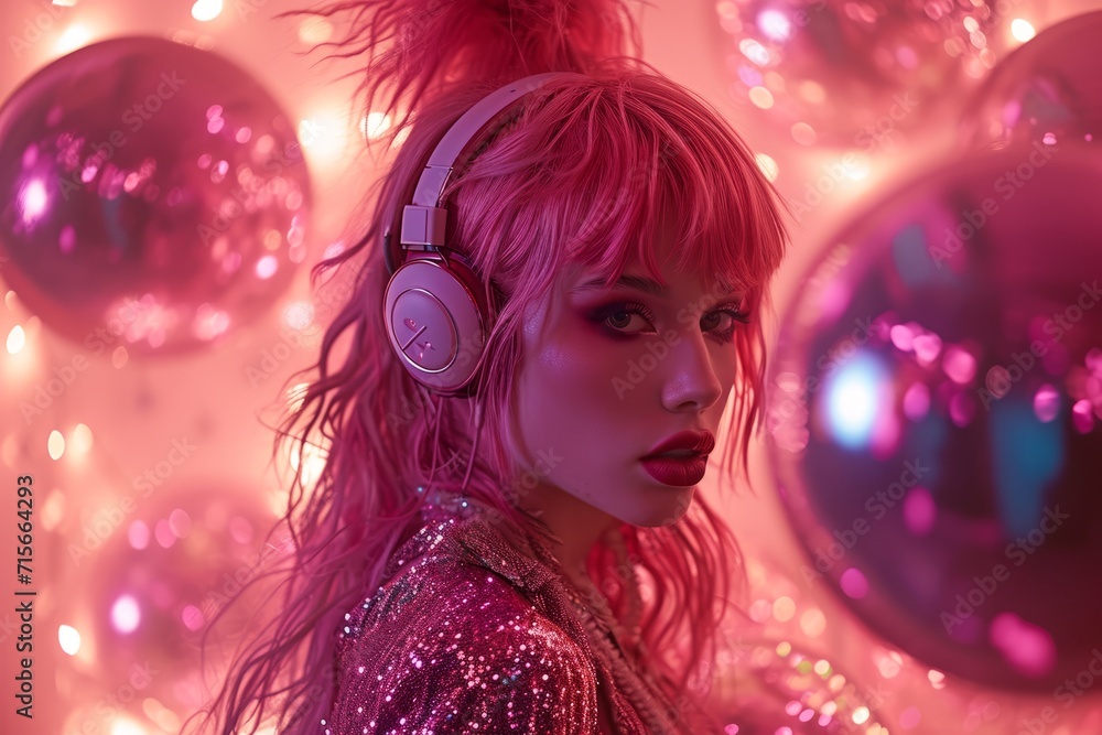 sparkling and shiny girl portrait with disco ball, listening music, glam 80s aesthetics mood sparkling and shiny girl portrait with disco ball, listening music, glam 80s aesthetics mood