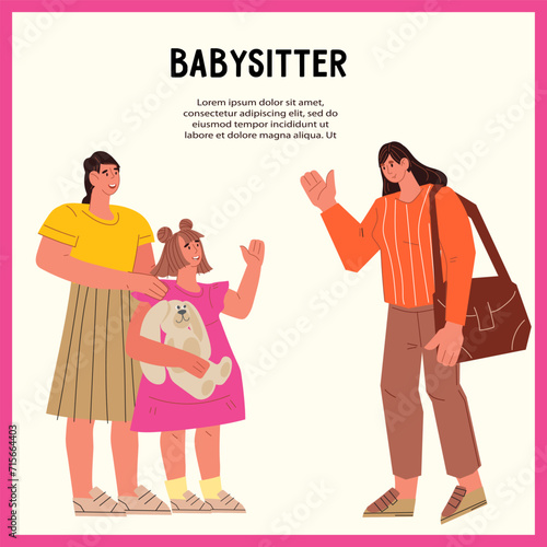 Experienced babysitter and nanny services banner or poster template. Child care, kindergarten or daycare service advertising banner design, vector illustration isolated on white background.