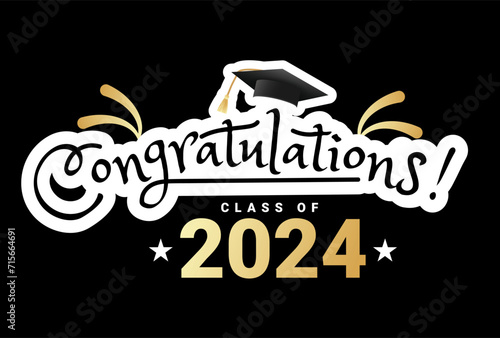 Congratulations graduates class of 2024 typography design. Graduation ceremony vector illustration with academic cap, stars and fireworks. Flat style grad ceremony design for banner, greeting card etc