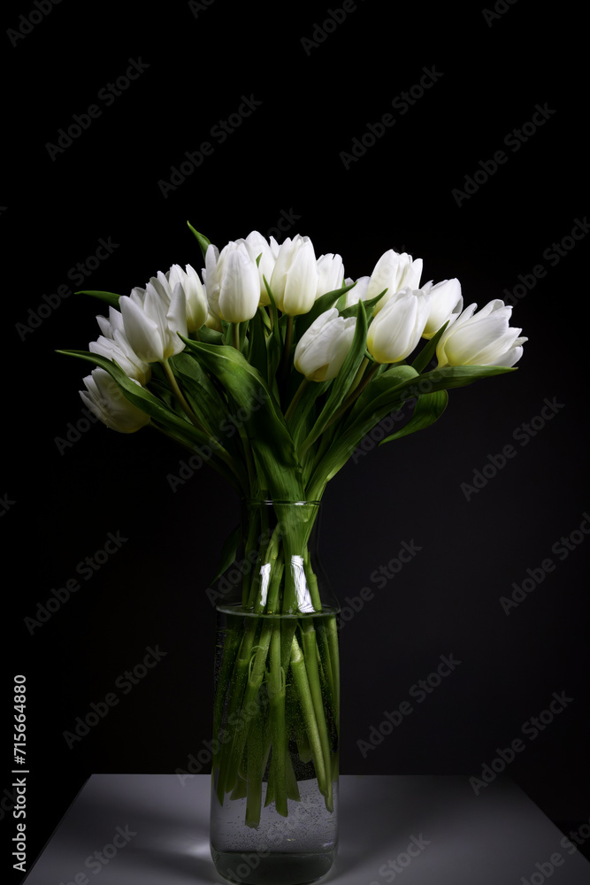 Fototapeta premium A bunch of white tulips on black background in transparent glass vase