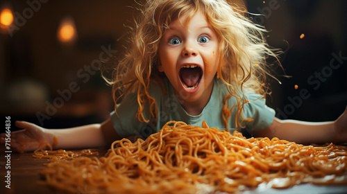 Cute little kid girl eating spaghetti bolognese or pasta macaroni bolognese at home. Happy child eating fresh cooked healthy meal with noodles. Generative Ai.