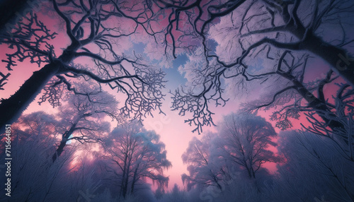 Beautiful atmospheric winter background image of tree crowns covered with frost in the pinkish light of the passing day. Winter natural frame