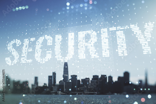 Virtual cyber security creative concept on San Francisco city skyline background. Double exposure