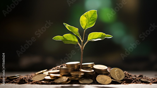 Green plant growing from a stack of coins. Money, finance, investment concept