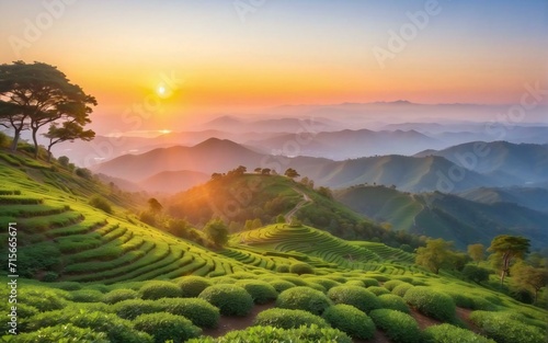 landscape natural scenery with tea gardens. Generative AI
